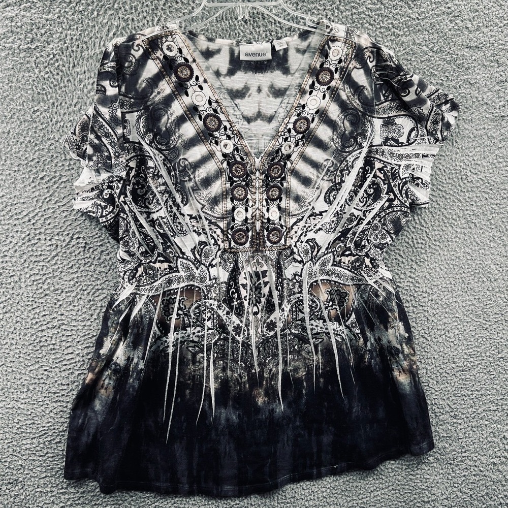 Womens Boho Peasant Tunic Top 18/20 Plus Embellished Flutter Sleeve Tie Dye